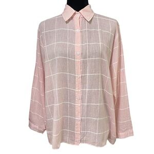 Adora Pink White Striped Sheer Button Shirt Roll Tab Sleeves Medium